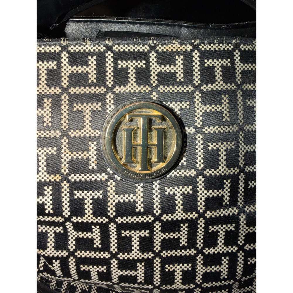 Tommy Hilfiger Tote Bag Black White Monogram Canvas Leather Straps - Picture 5 of 14